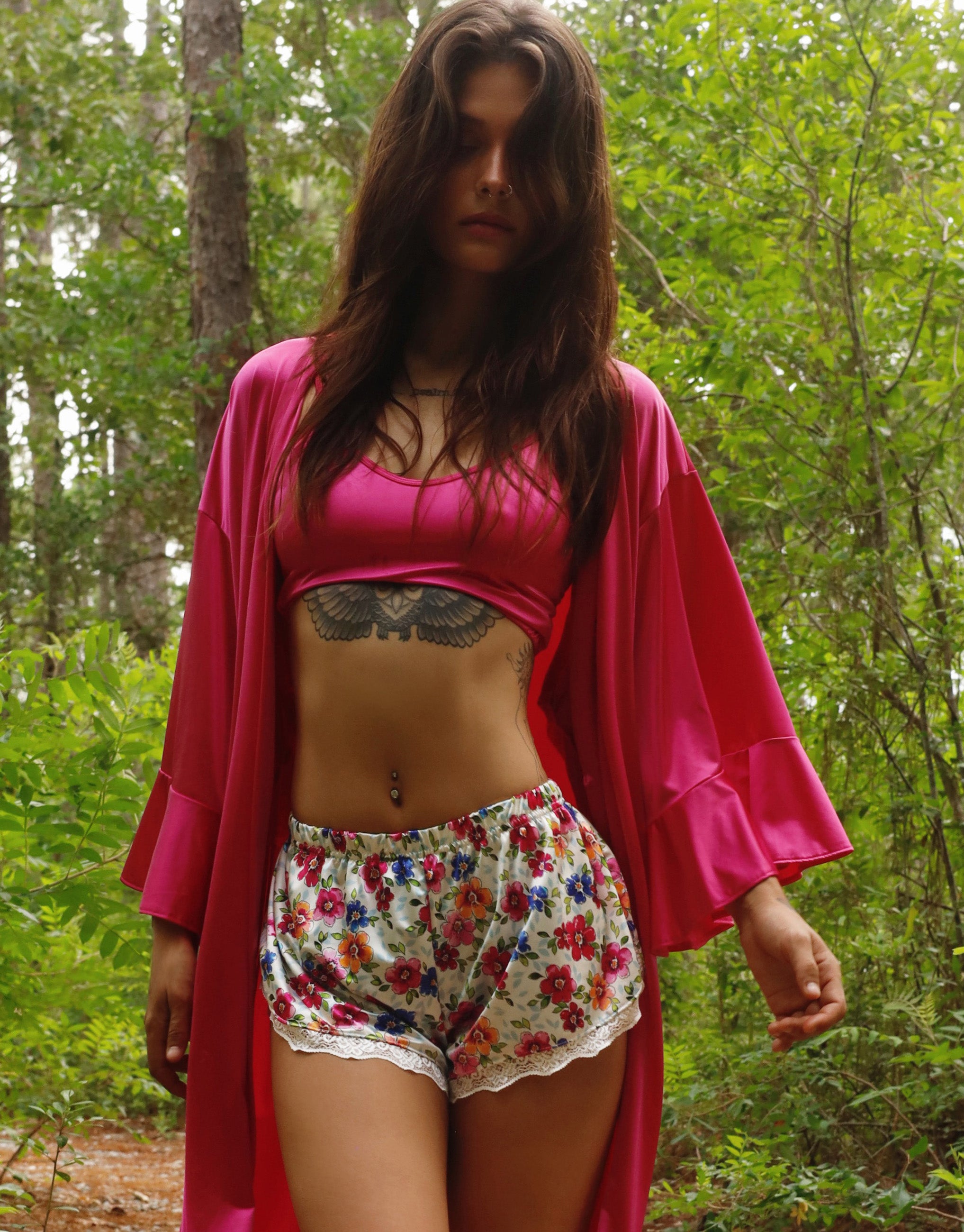 Fuchsia satin robe with three-quarter bell sleeves and tie belt