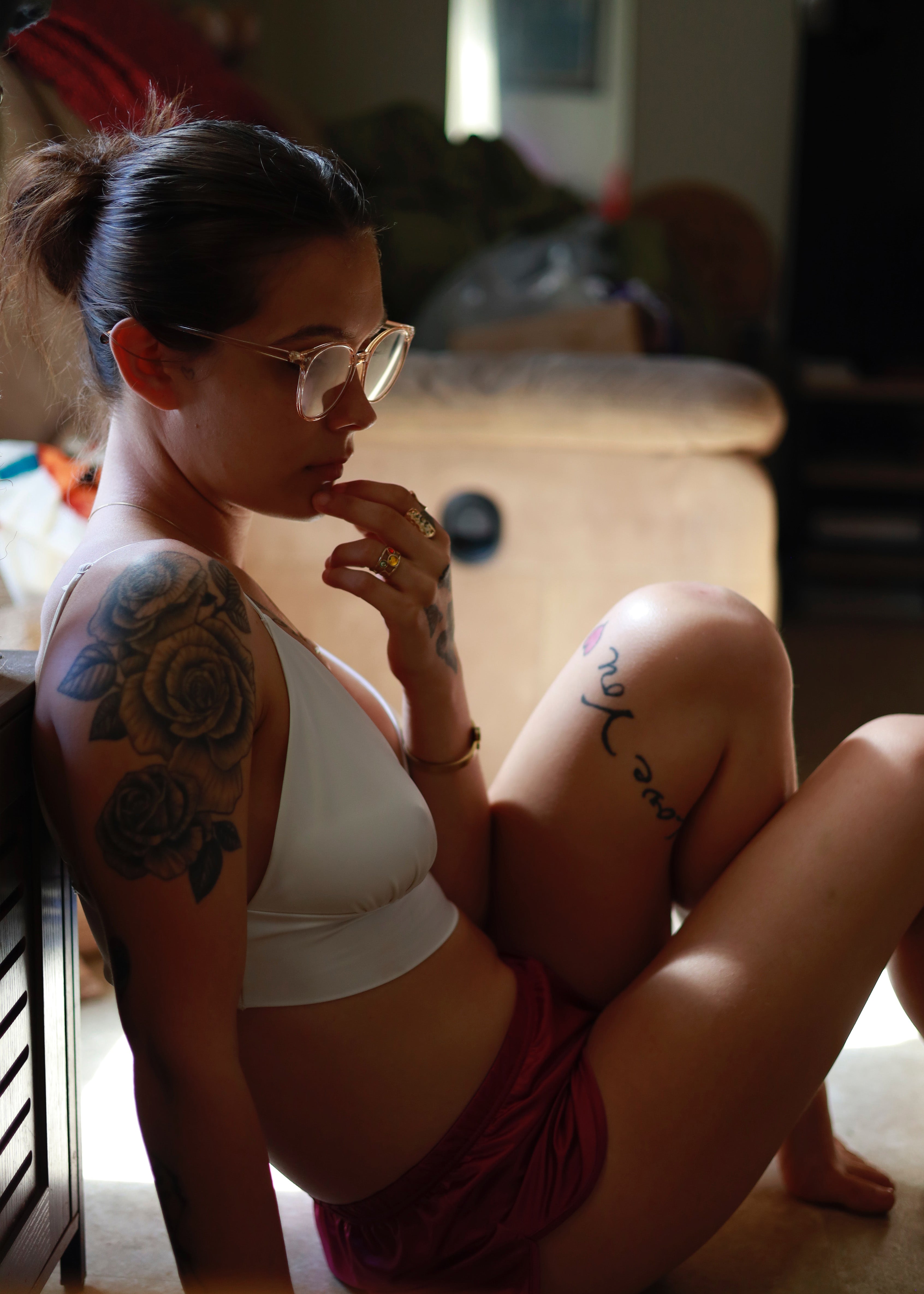 White satin bralette with V-neck and thin shoulder straps