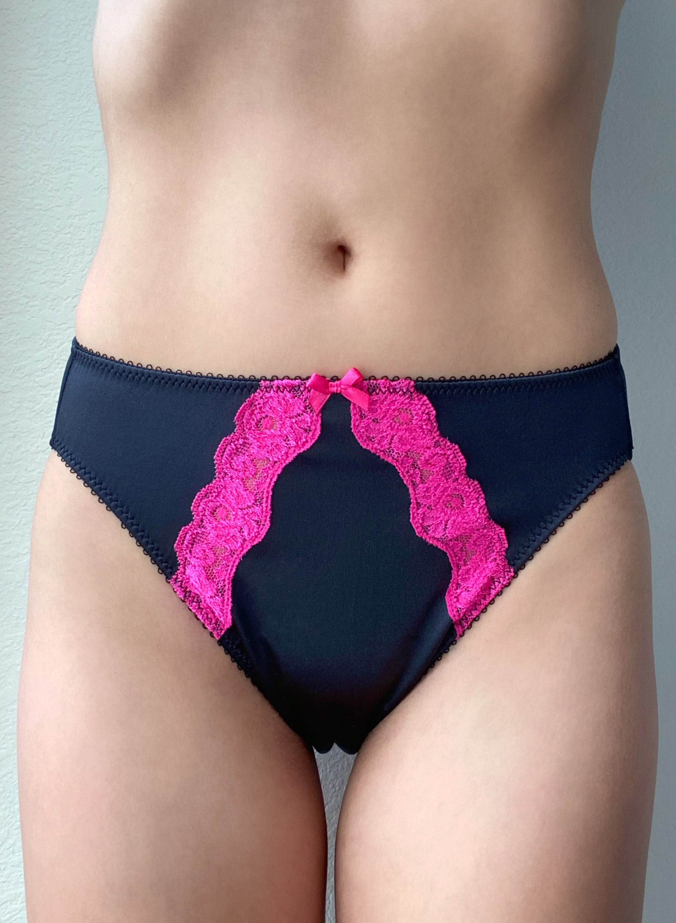 Juliet panties in dark navy with bright pink lace panel and bow at waistband center