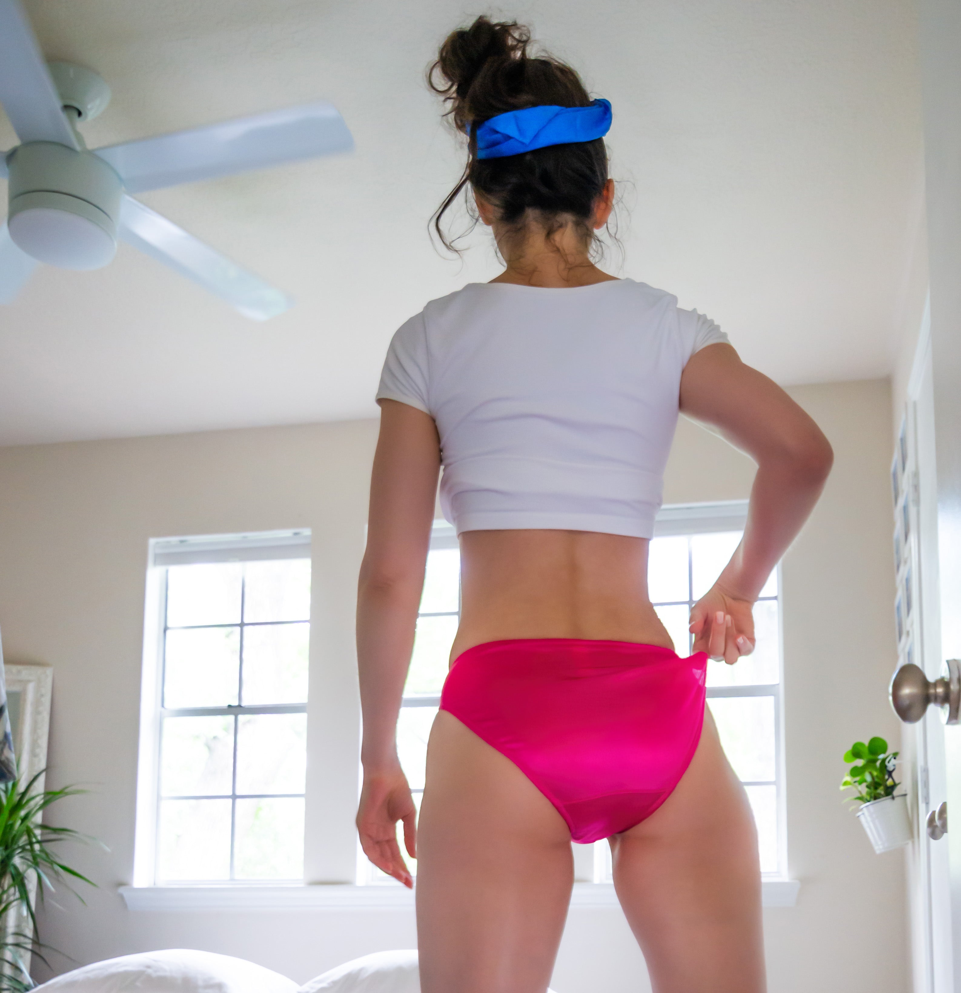Hot pink lace-trim panty with white lace trim, back view