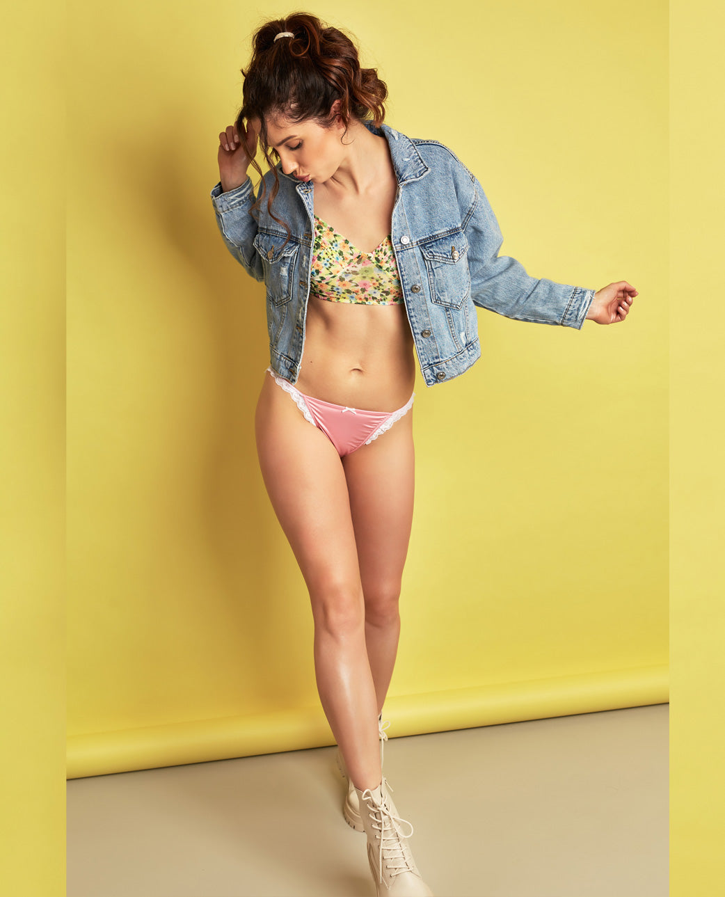 Pink lace-trim bikini panties with white scalloped lace