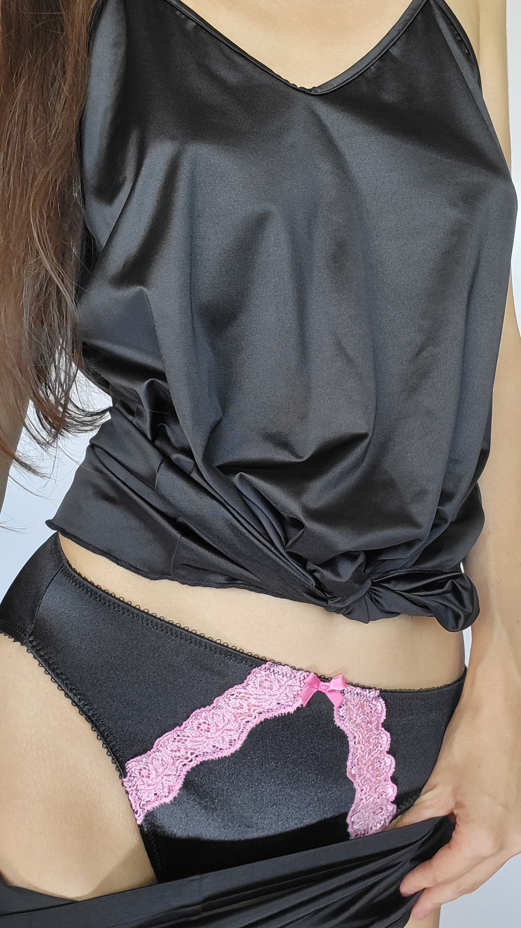 Black satin panty with bubblegum pink lace trim and scalloped lace panel