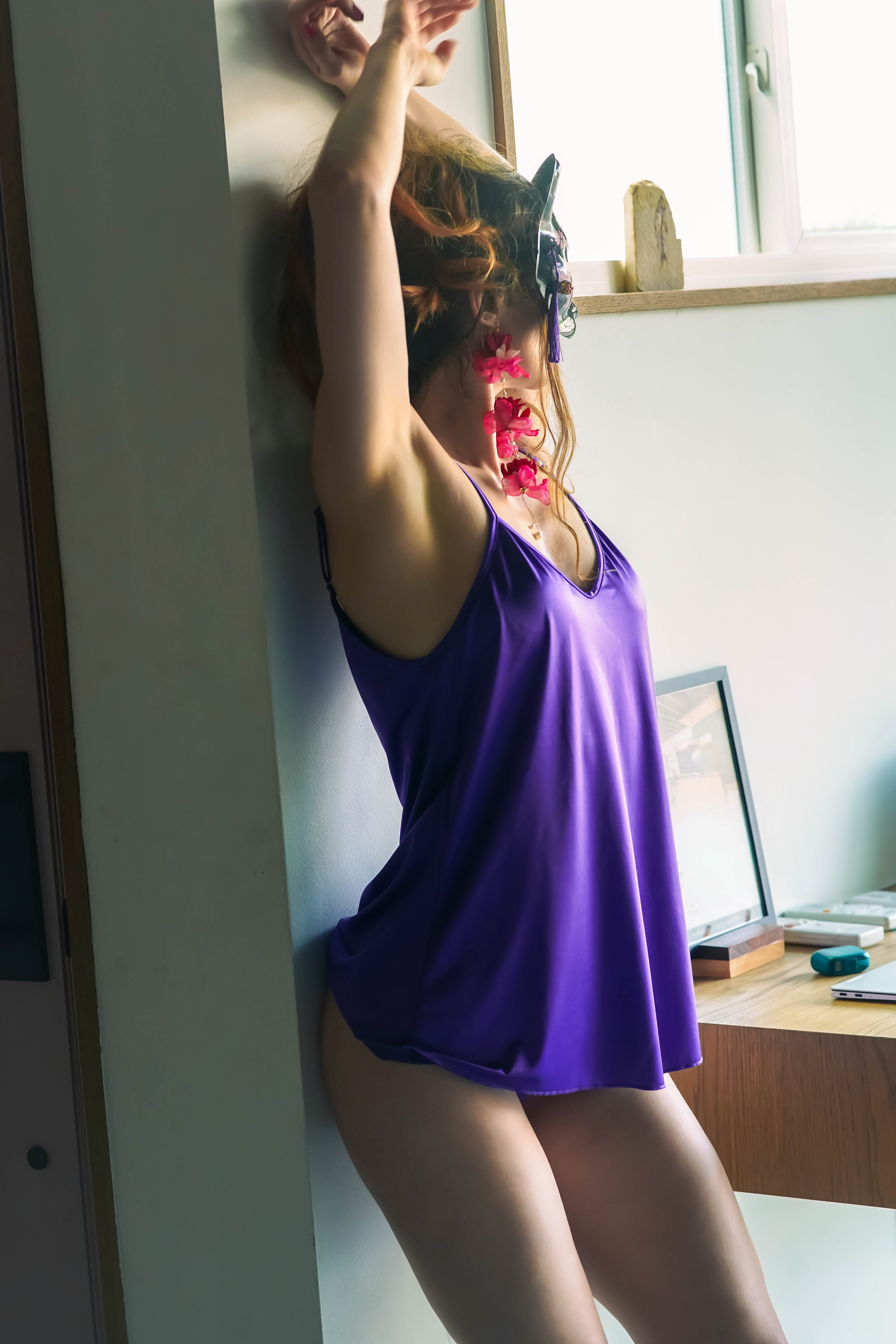 Violet satin nightie top with spaghetti straps and V-neck