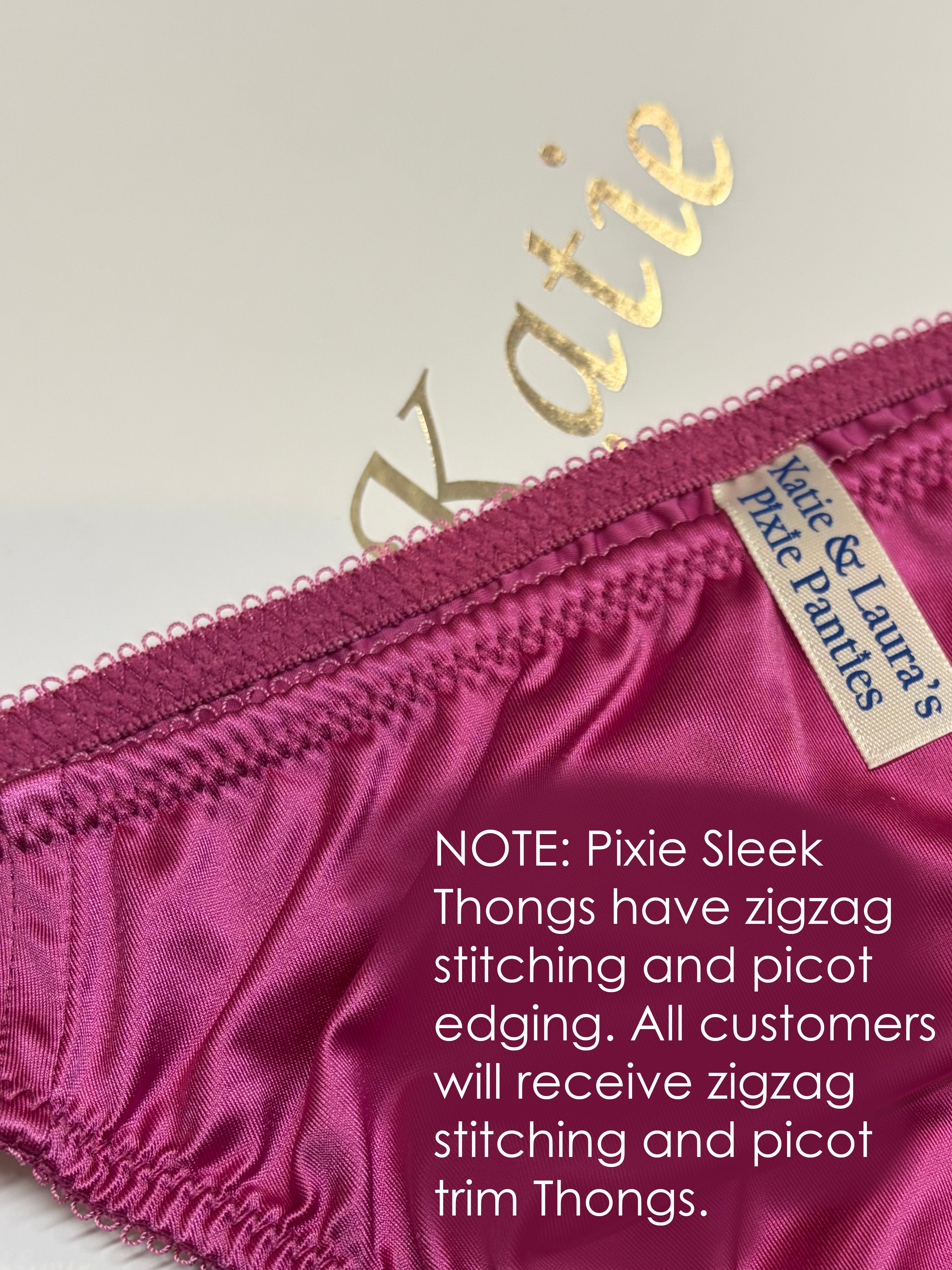 Satin thong panties with picot trim and zigzag stitching, berry purple
