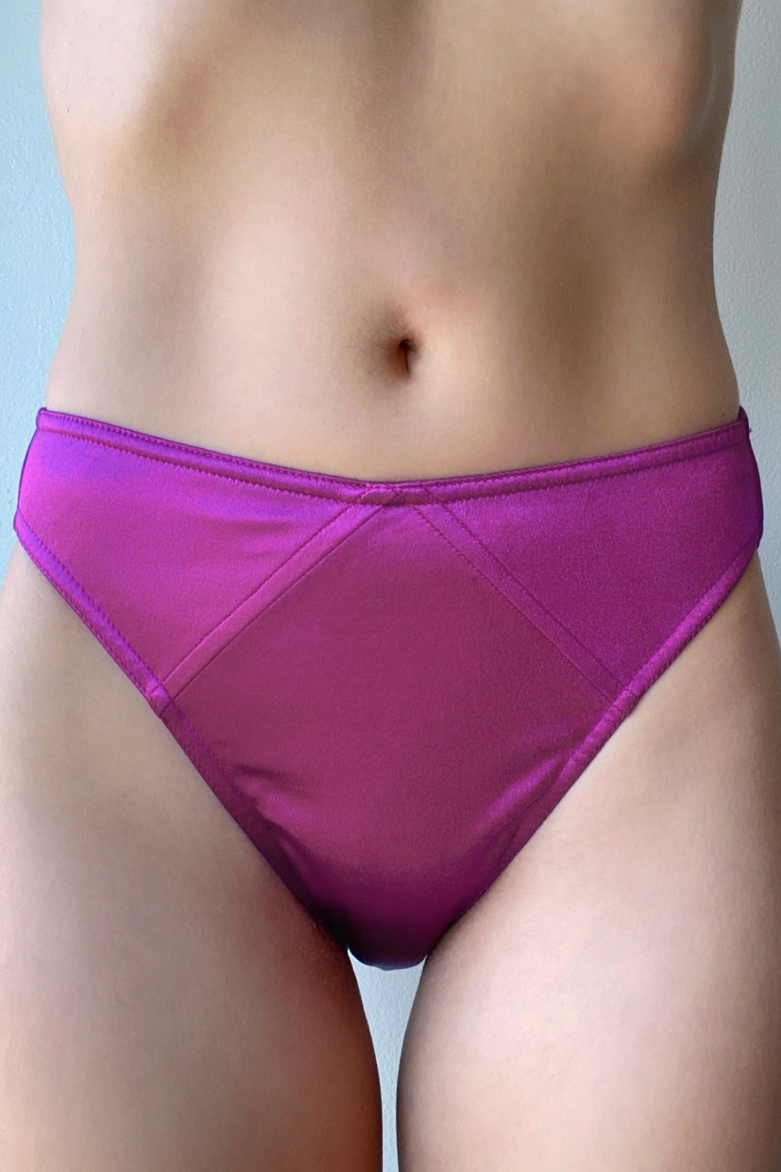 Purple berry satin hipster panty, back view with stitched center seam