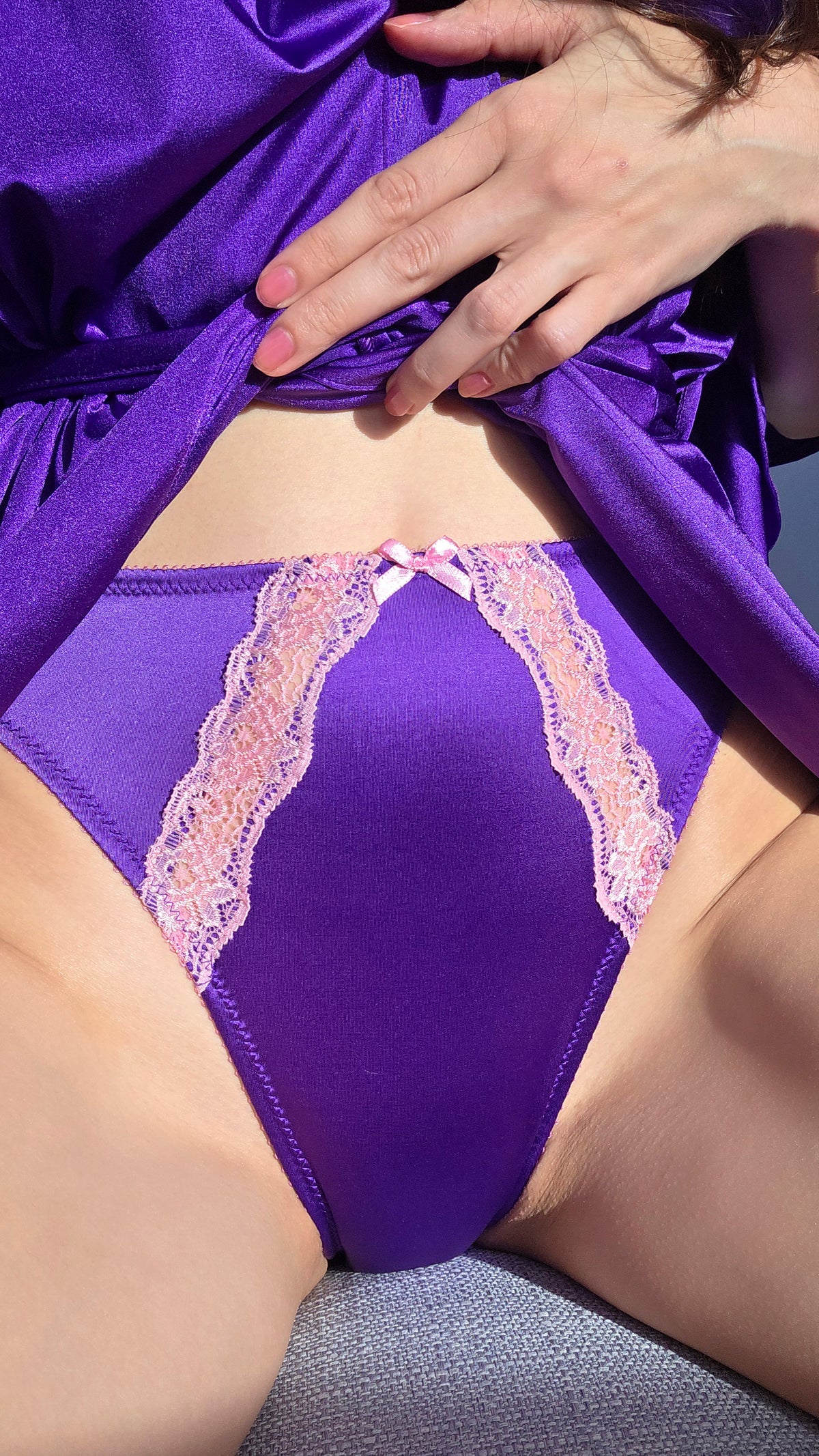 Violet satin panty with pink lace edge and scalloped V-shaped front panel