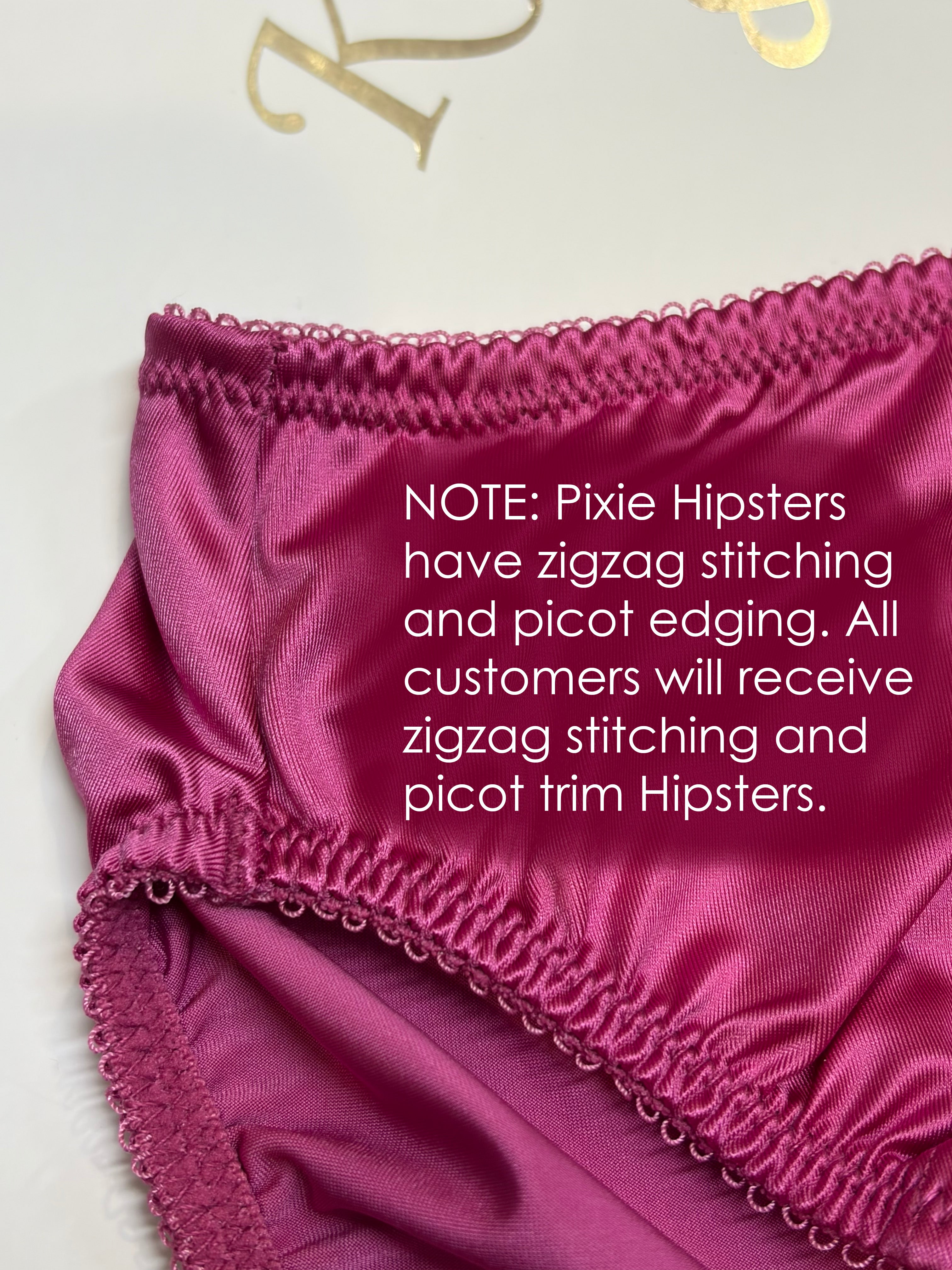 Pink hipster panty with zigzag stitching and picot trim at leg openings